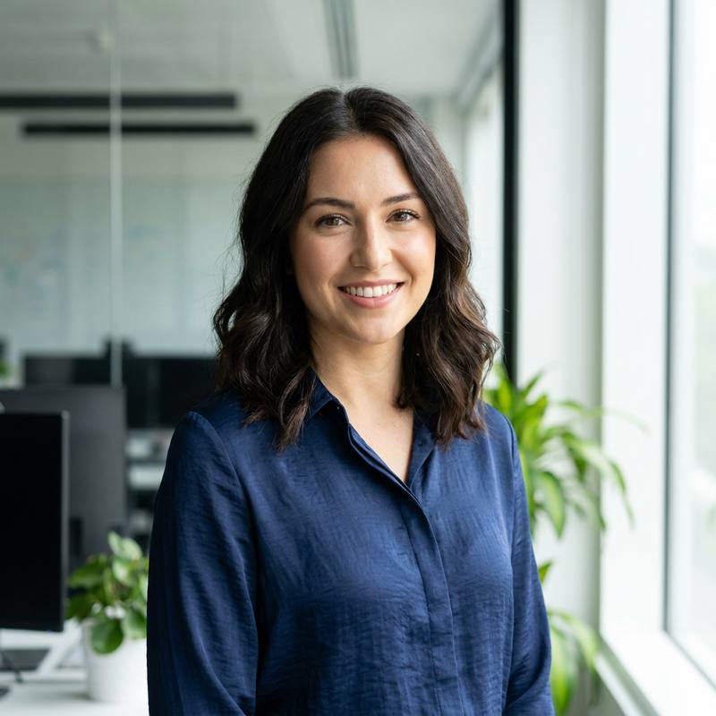 A smiling Thruvix client adviser in a navy blouse, standing in a bright, plant-filled open-plan office