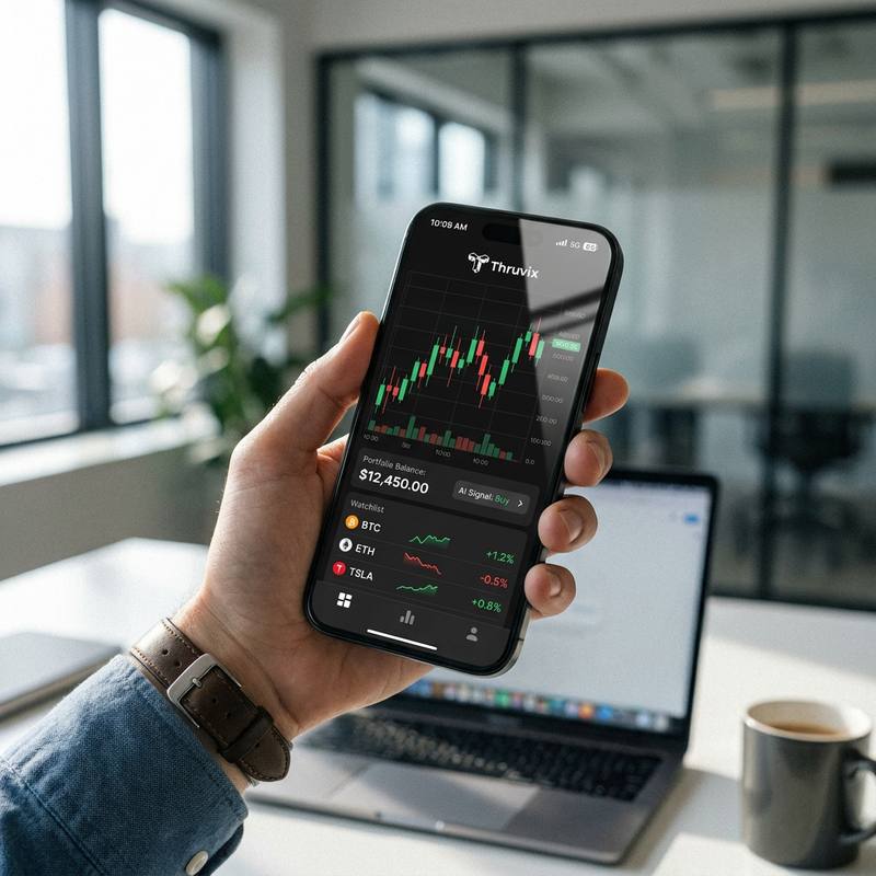 A hand holding a smartphone running the Thruvix app, with a candlestick chart, portfolio balance, an AI buy signal and a BTC, ETH and TSLA watchlist