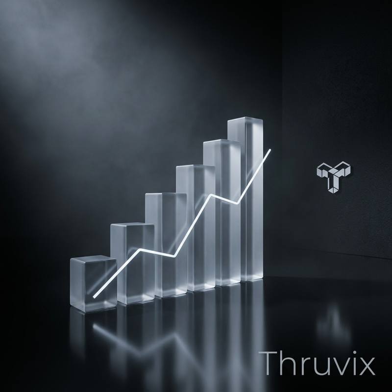 Frosted glass columns rising from left to right with a bright white trend line, the Thruvix mark on the dark wall behind